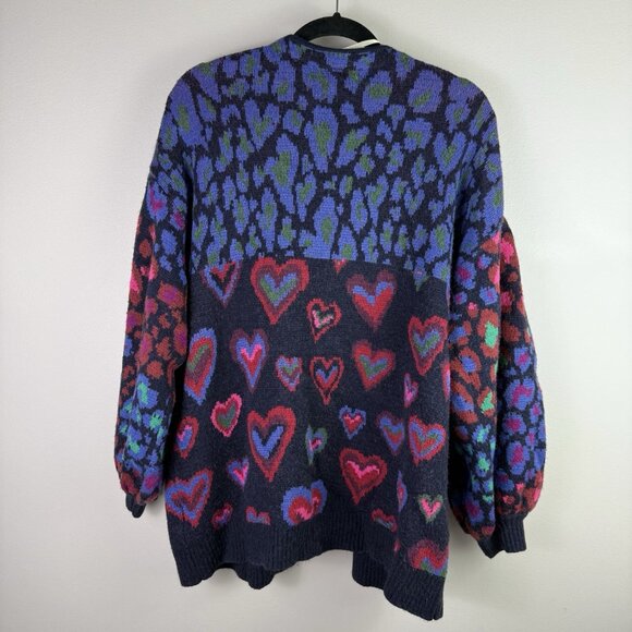 Farm Rio Ikat Dyed Hearts Cardigan Sweater Medium M Multicolor Balloon Sleeve - Picture 10 of 10